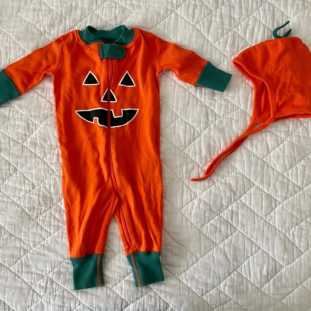 Hanna Anderson Pumpkin Pajama with matching beanie.